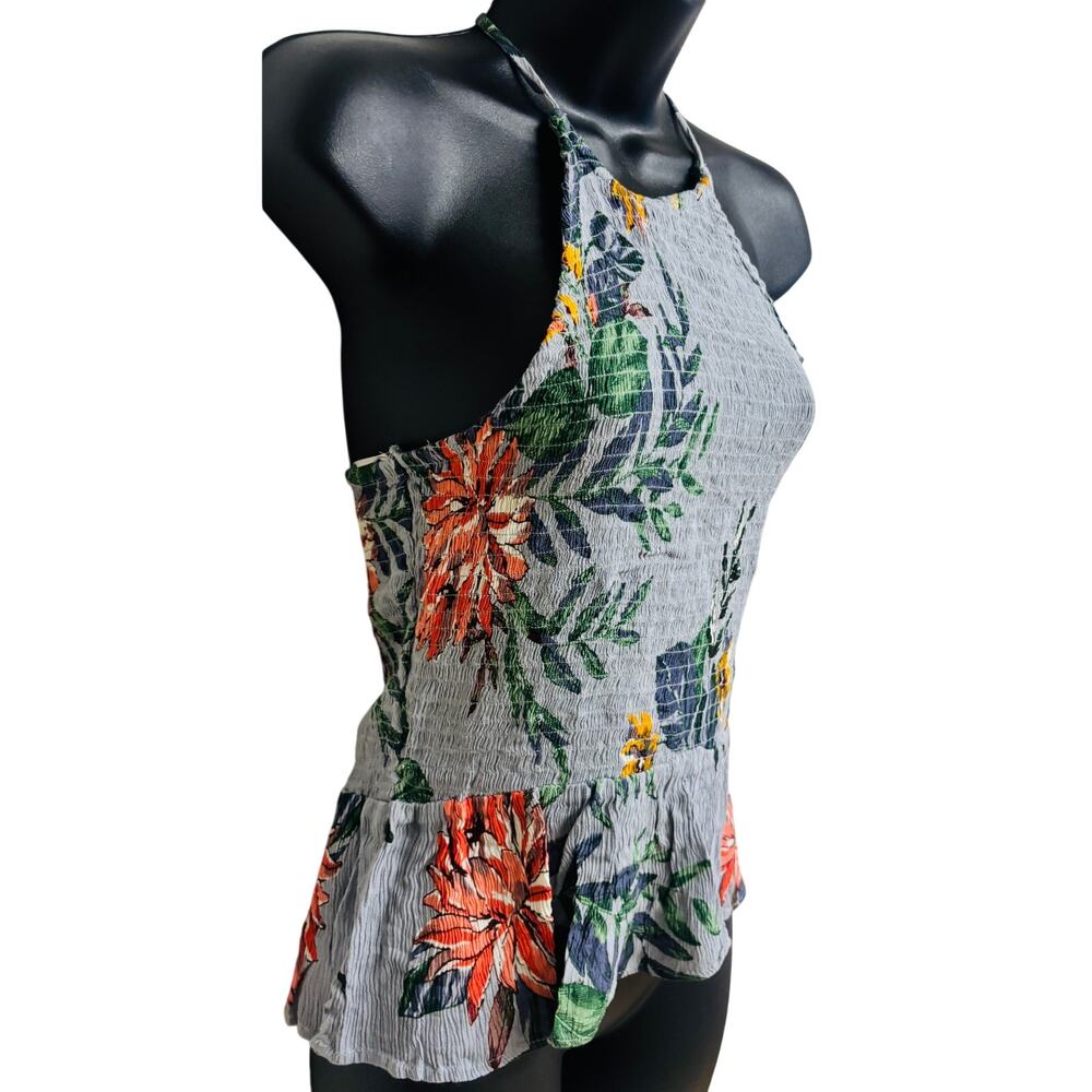 Patrons of Peace Floral Halter Top Gray Smocked Peplum Tie Back Size Medium New - Picture 3 of 9